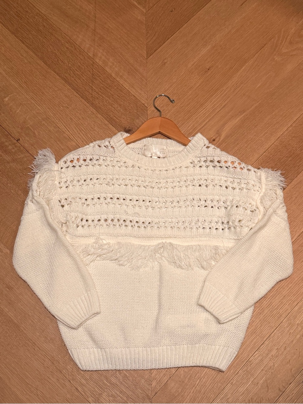 J.O.A. Cream Crochet Fringe Crewneck Sweater